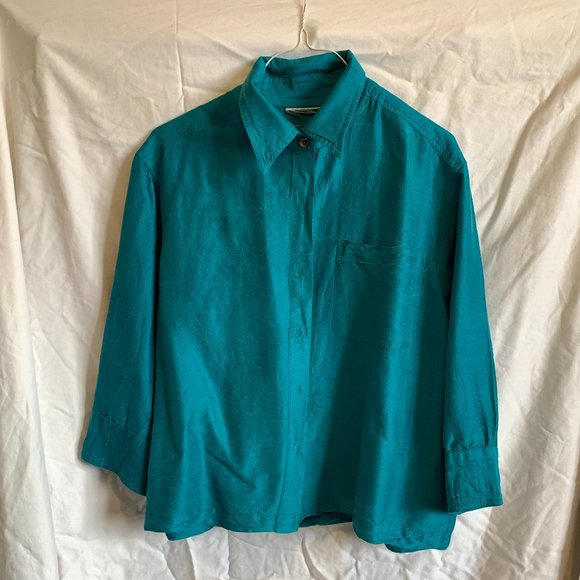 Turquoise raw silk 3/4 sleeved blouse, size L - Picture 1 of 4
